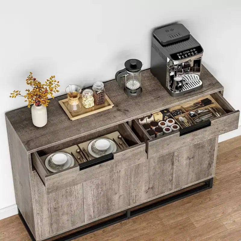 COZONY 55 Buffet enfilade, Grand meuble de rangement de cuisine avec 2 tiroirs et 4 portes, Table de bar à café pour salle à manger