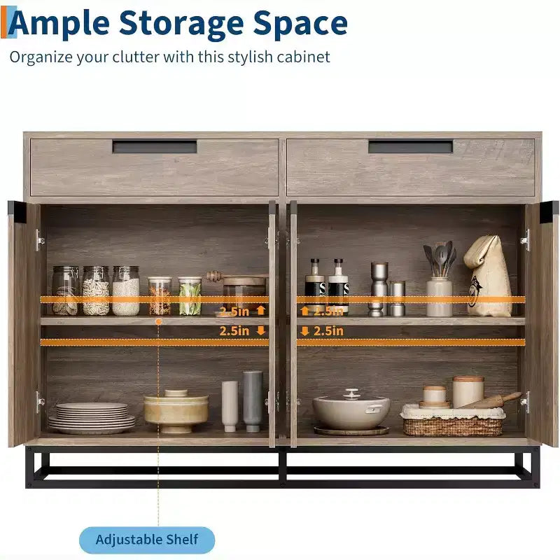 COZONY 55 Buffet enfilade, Grand meuble de rangement de cuisine avec 2 tiroirs et 4 portes, Table de bar à café pour salle à manger