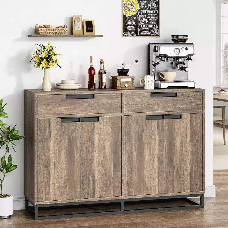 COZONY 55 Buffet enfilade, Grand meuble de rangement de cuisine avec 2 tiroirs et 4 portes, Table de bar à café pour salle à manger