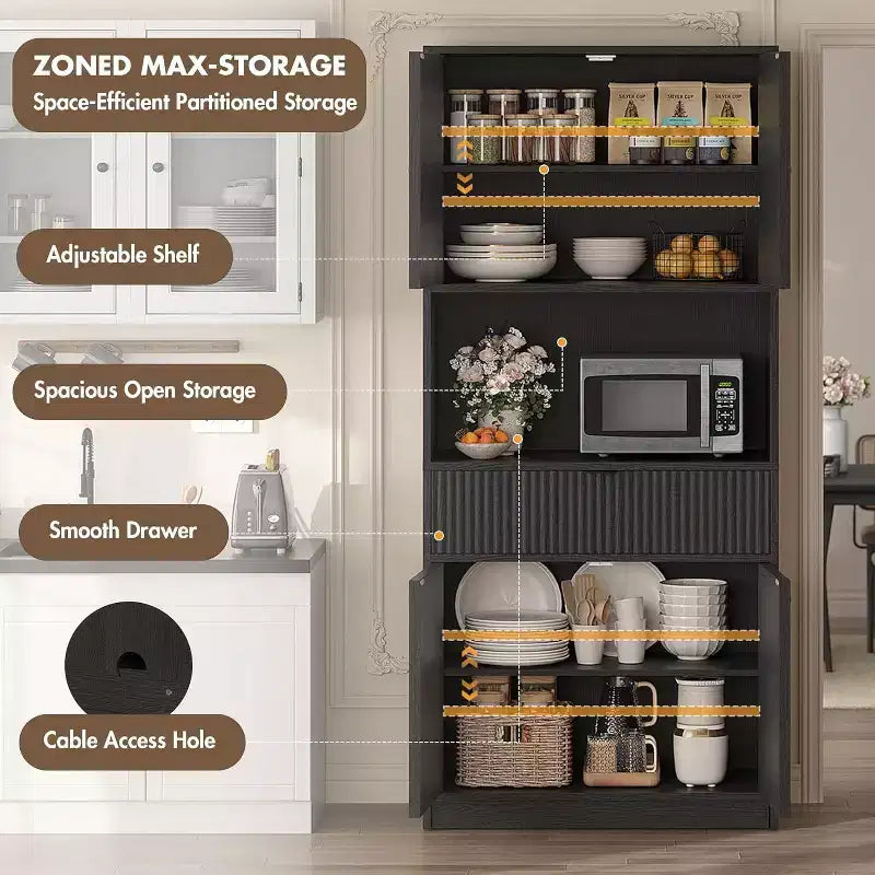 Meuble de rangement 70" cannelé avec comptoir, portes et tiroir pour cuisine et salle à manger