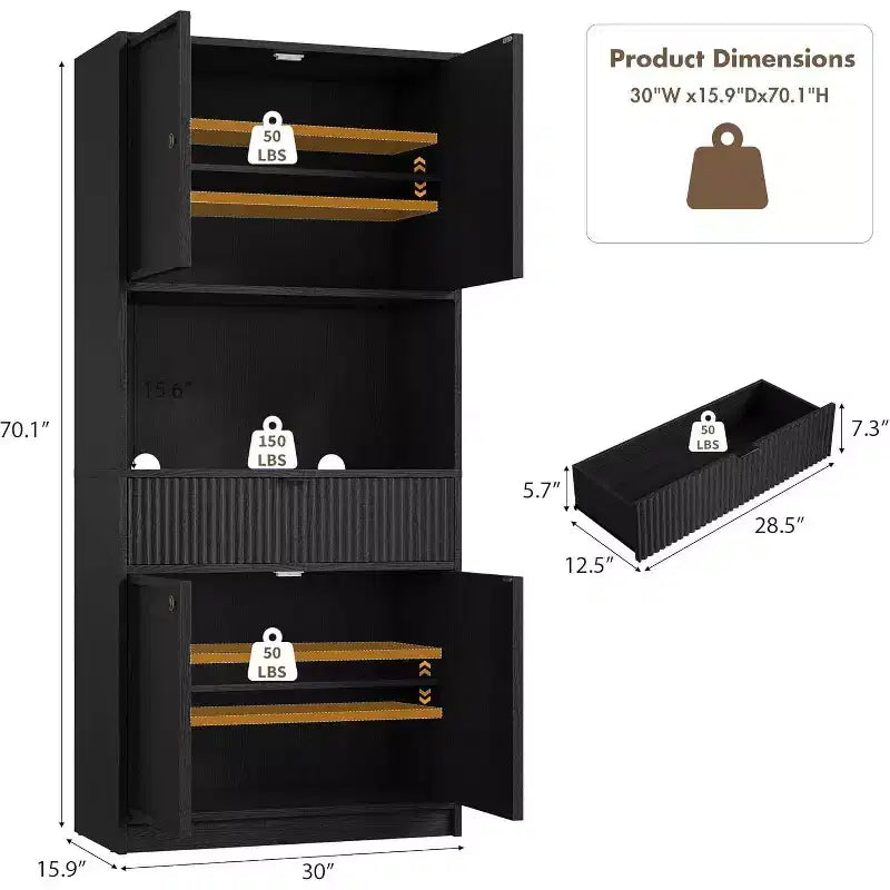 Meuble de rangement 70" cannelé avec comptoir, portes et tiroir pour cuisine et salle à manger