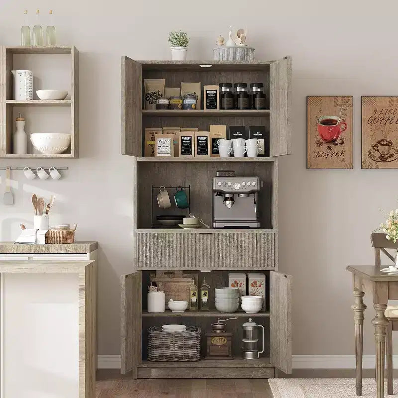Meuble de rangement 70" cannelé avec comptoir, portes et tiroir pour cuisine et salle à manger