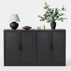 PexFix 62 L x 31 H Buffet moderne avec 4 portes en rotin, console de rangement d'appoint pour couloir, entrée, salle à manger, noir