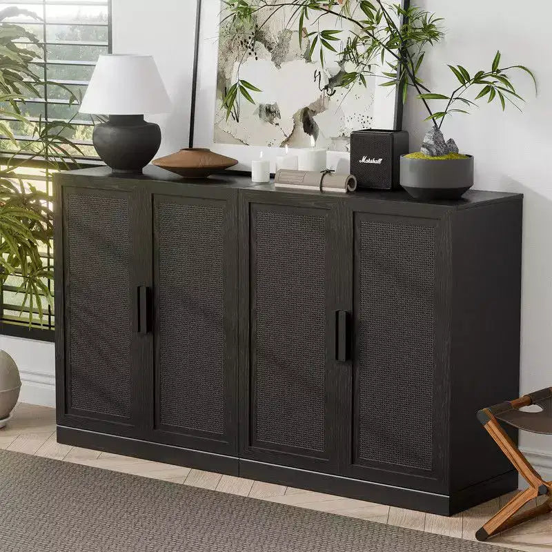 PexFix 62 L x 31 H Buffet moderne avec 4 portes en rotin, console de rangement d'appoint pour couloir, entrée, salle à manger, noir