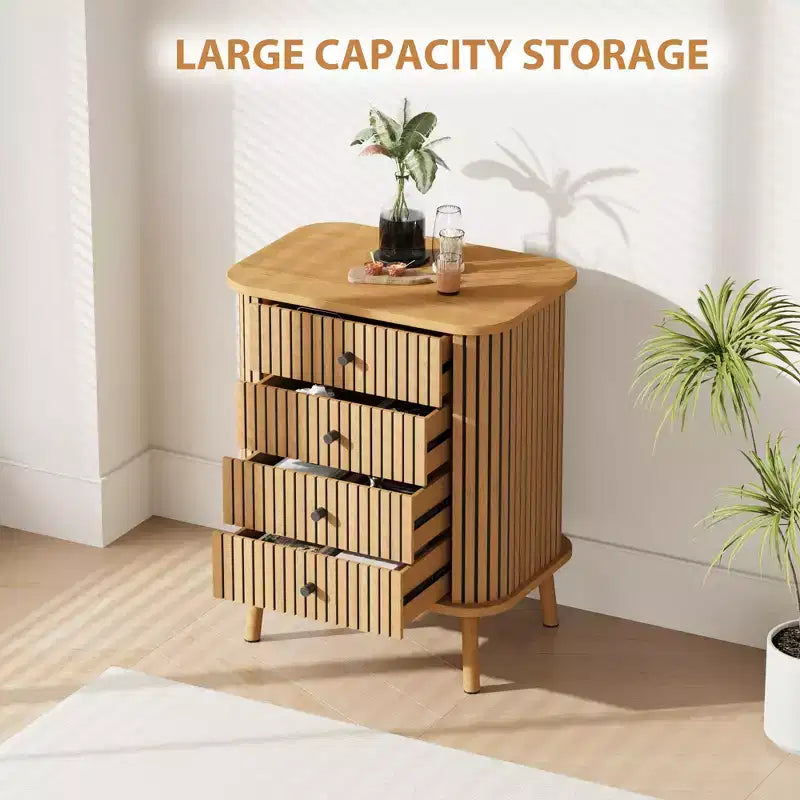 Commode à 4 tiroirs COZONY, commode bohème en osier avec poignées noir mat et pieds en bois pour chambre, salon, couloir