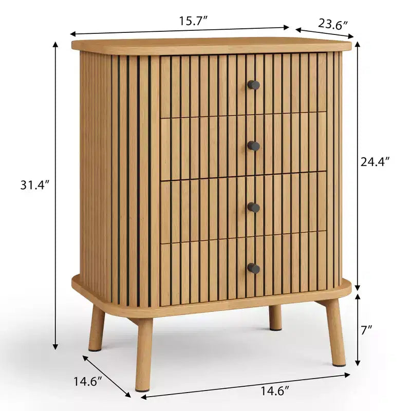 Commode à 4 tiroirs COZONY, commode bohème en osier avec poignées noir mat et pieds en bois pour chambre, salon, couloir
