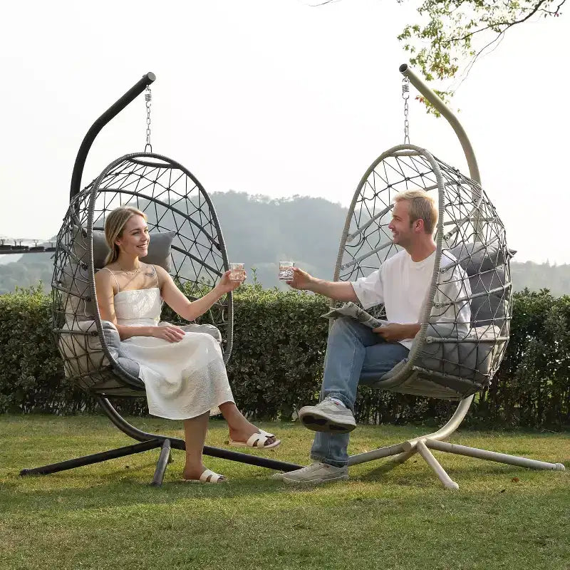 Heynemo Chaise suspendue en forme d'œuf pour l'extérieur avec support, fauteuil hamac d'intérieur, chaise suspendue en osier de style bohème pour terrasse avec support, capacité de 158 kg