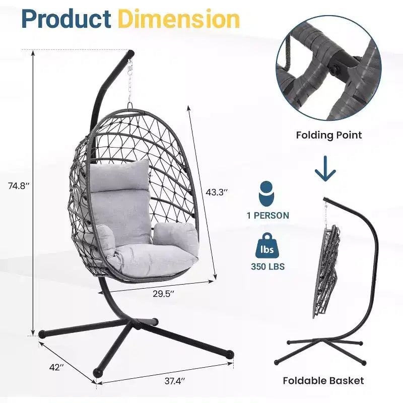 Heynemo Chaise suspendue en forme d'œuf pour l'extérieur avec support, fauteuil hamac d'intérieur, chaise suspendue en osier de style bohème pour terrasse avec support, capacité de 158 kg