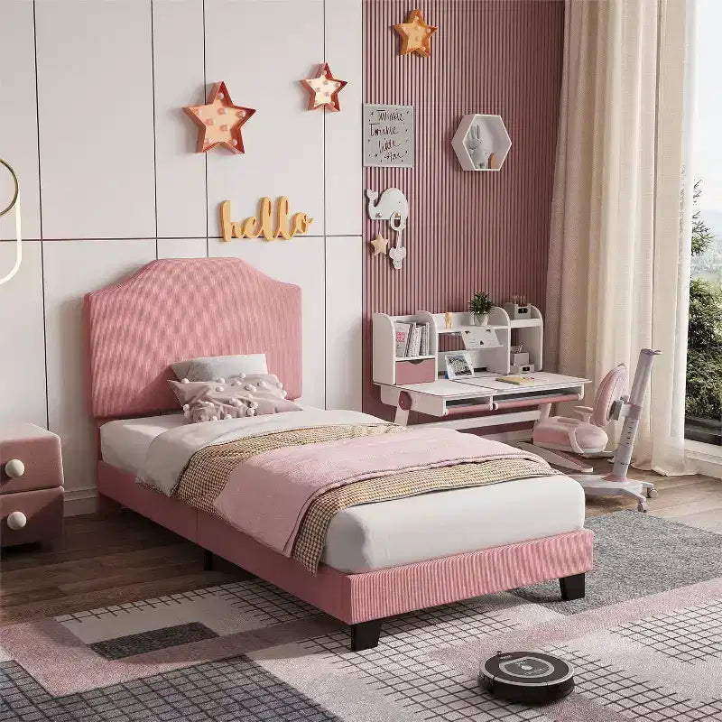 Acekool - Cadre de lit jumeau pour enfants avec tête de lit en velours côtelé, plateforme rembourrée en velours, support à lattes, pas besoin de sommier, montage facile