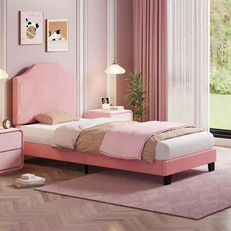 Acekool - Cadre de lit jumeau pour enfants avec tête de lit en velours côtelé, plateforme rembourrée en velours, support à lattes, pas besoin de sommier, montage facile