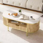 Table basse ovale Acekool 48 avec plateau en faux marbre, pieds en métal doré, design en bois cannelé et tiroir de rangement, table de salon moderne bleu marine