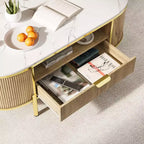 Table basse ovale Acekool 48 avec plateau en faux marbre, pieds en métal doré, design en bois cannelé et tiroir de rangement, table de salon moderne bleu marine