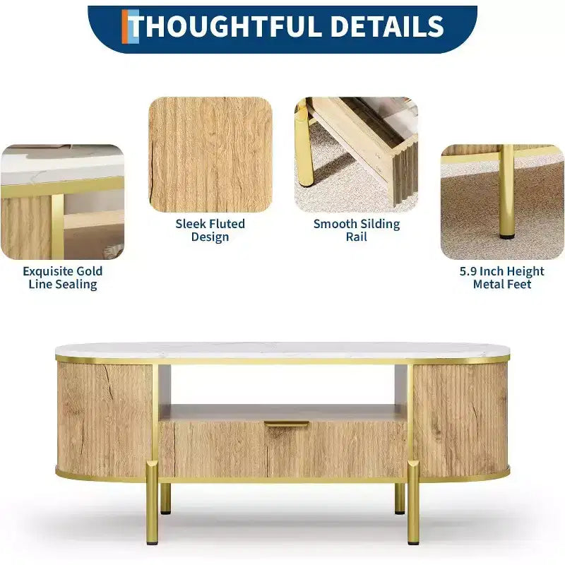 Table basse ovale Acekool 48 avec plateau en faux marbre, pieds en métal doré, design en bois cannelé et tiroir de rangement, table de salon moderne bleu marine