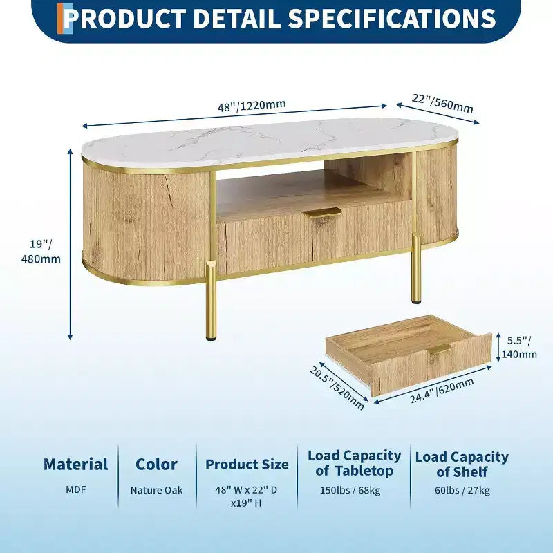 Table basse ovale Acekool 48 avec plateau en faux marbre, pieds en métal doré, design en bois cannelé et tiroir de rangement, table de salon moderne bleu marine