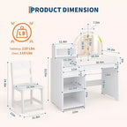 Coiffeuse Acekool pour enfants avec miroir éclairé par LED, table et chaise de princesse 2 en 1 avec étagère à livres, meuble de rangement et étagères pour filles