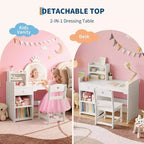 Coiffeuse Acekool pour enfants avec miroir éclairé par LED, table et chaise de princesse 2 en 1 avec étagère à livres, meuble de rangement et étagères pour filles