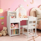 Coiffeuse Acekool pour enfants avec miroir éclairé par LED, table et chaise de princesse 2 en 1 avec étagère à livres, meuble de rangement et étagères pour filles