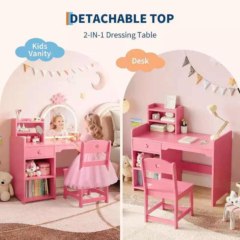 Coiffeuse Acekool pour enfants avec miroir éclairé par LED, table et chaise de princesse 2 en 1 avec étagère à livres, meuble de rangement et étagères pour filles