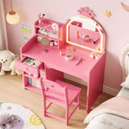 Coiffeuse Acekool pour enfants avec miroir éclairé par LED, table et chaise de princesse 2 en 1 avec étagère à livres, meuble de rangement et étagères pour filles