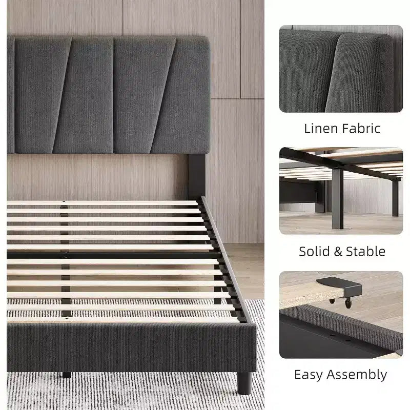 Cadre de lit double rembourré Acekool avec tête de lit réglable, lin, lit plateforme, lattes en bois, profil bas moderne