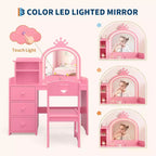 Acekool Coiffeuse Princesse Blanche pour Enfants avec Miroir Couronne et Lumières LED, Tiroirs de Rangement et Étagères, Table de Maquillage et d'Activités 2-en-1 avec Chaise