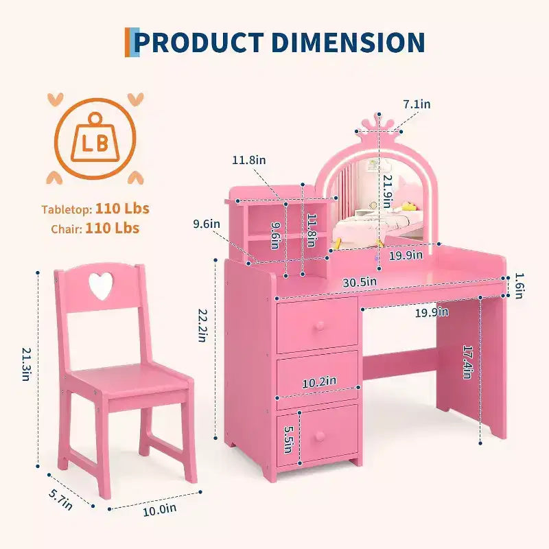Acekool Coiffeuse Princesse Blanche pour Enfants avec Miroir Couronne et Lumières LED, Tiroirs de Rangement et Étagères, Table de Maquillage et d'Activités 2-en-1 avec Chaise