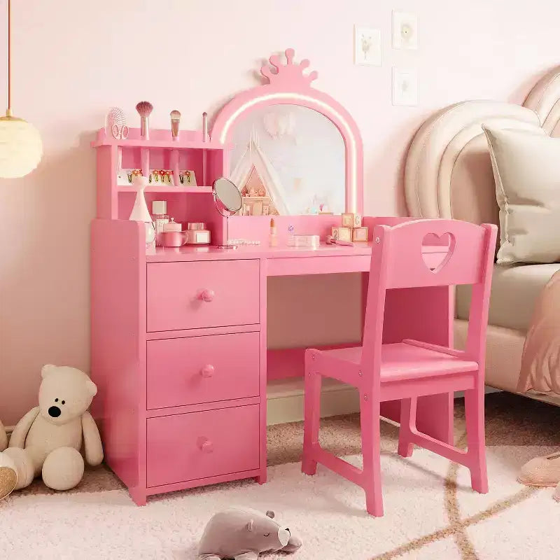 Acekool Coiffeuse Princesse Blanche pour Enfants avec Miroir Couronne et Lumières LED, Tiroirs de Rangement et Étagères, Table de Maquillage et d'Activités 2-en-1 avec Chaise
