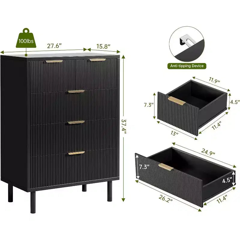 Commode 5 tiroirs cannelés Acekool Wave, Commode haute de 38 pouces avec dispositif anti-basculement, Large table de chevet à 4 niveaux pour chambre, couloir, entrée, Noir