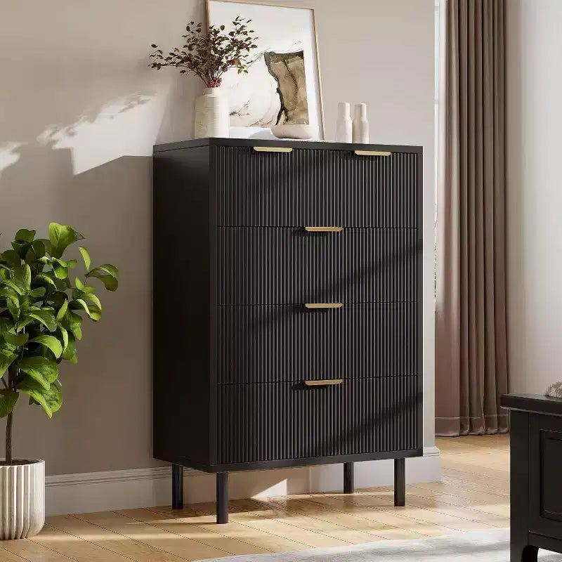 Commode 5 tiroirs cannelés Acekool Wave, Commode haute de 38 pouces avec dispositif anti-basculement, Large table de chevet à 4 niveaux pour chambre, couloir, entrée, Noir