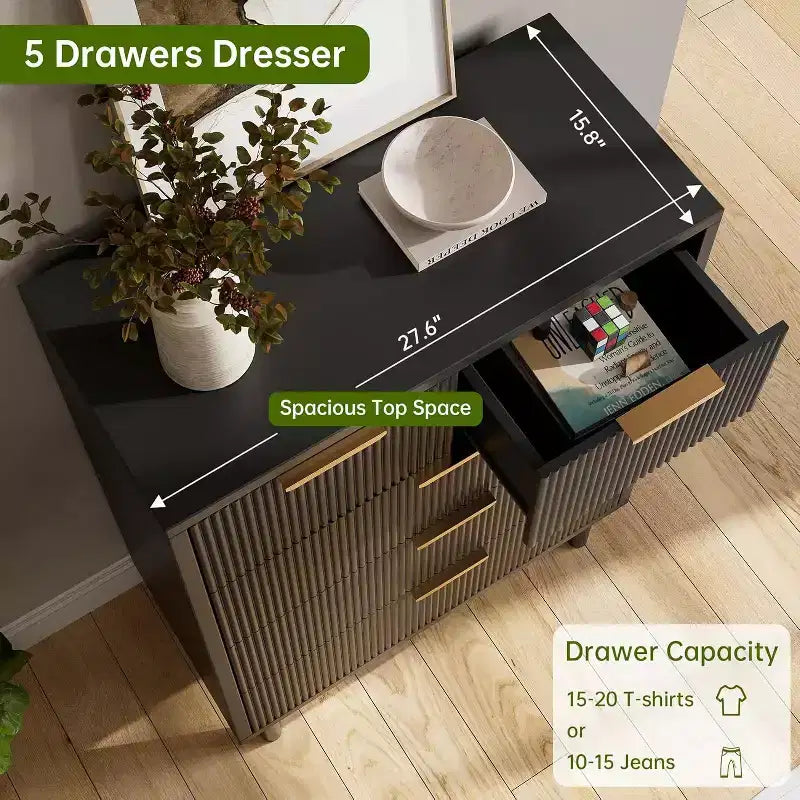Commode 5 tiroirs cannelés Acekool Wave, Commode haute de 38 pouces avec dispositif anti-basculement, Large table de chevet à 4 niveaux pour chambre, couloir, entrée, Noir