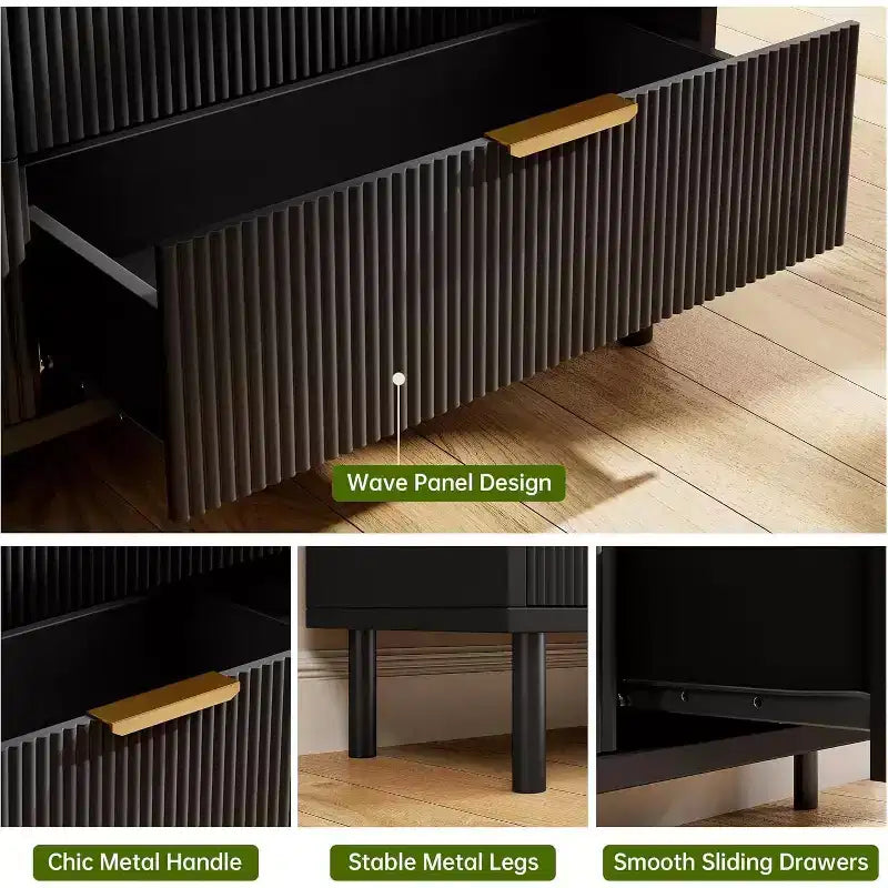Commode 5 tiroirs cannelés Acekool Wave, Commode haute de 38 pouces avec dispositif anti-basculement, Large table de chevet à 4 niveaux pour chambre, couloir, entrée, Noir