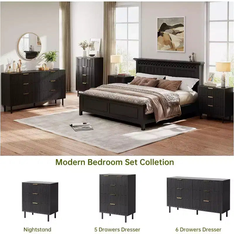 Commode 5 tiroirs cannelés Acekool Wave, Commode haute de 38 pouces avec dispositif anti-basculement, Large table de chevet à 4 niveaux pour chambre, couloir, entrée, Noir