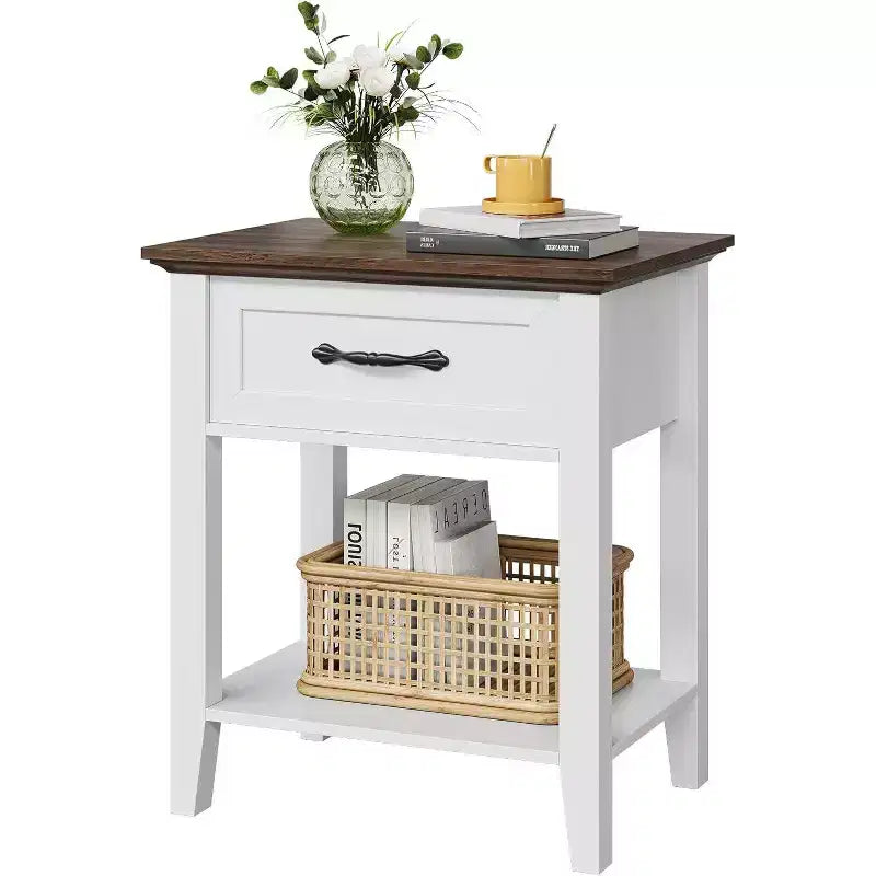 Acekool Lot de 2 tables de chevet, tables d'appoint blanches avec tiroir et étagères de rangement à 2 niveaux, tables d'appoint pour chambre à coucher, salon, dortoir