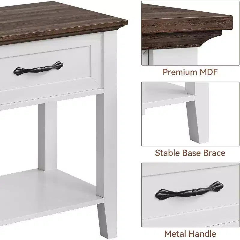 Acekool Lot de 2 tables de chevet, tables d'appoint blanches avec tiroir et étagères de rangement à 2 niveaux, tables d'appoint pour chambre à coucher, salon, dortoir