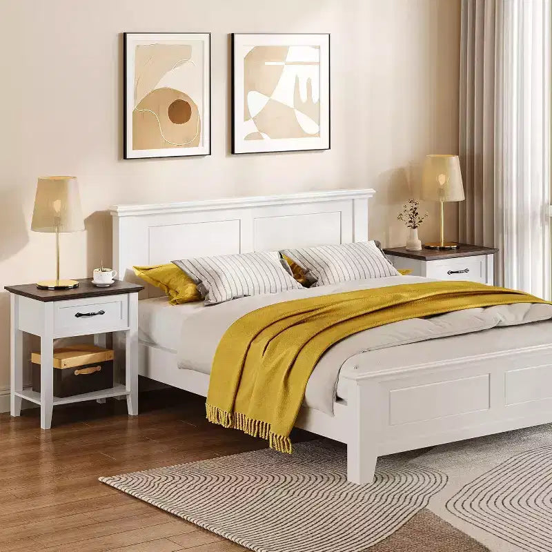 Acekool Lot de 2 tables de chevet, tables d'appoint blanches avec tiroir et étagères de rangement à 2 niveaux, tables d'appoint pour chambre à coucher, salon, dortoir