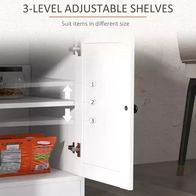 Bahut de ferme Okak, Buffet avec 4 portes et 2 tiroirs, Meuble de rangement pour salon, salle à manger, cuisine, Blanc