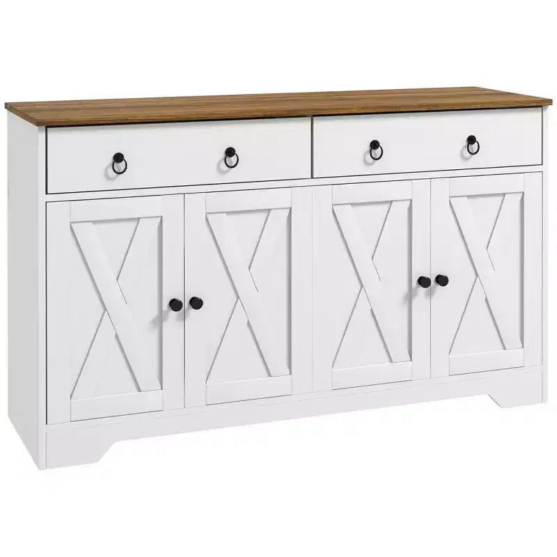 Bahut de ferme Okak, Buffet avec 4 portes et 2 tiroirs, Meuble de rangement pour salon, salle à manger, cuisine, Blanc