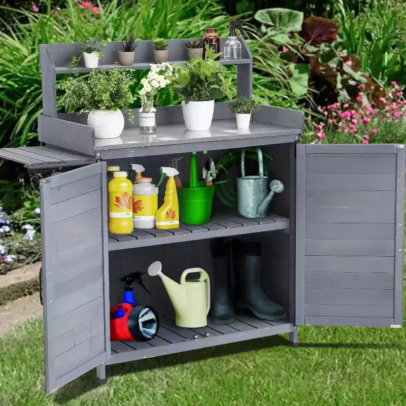 Établi de rempotage en bois massif Acekool - Table de jardinage d'extérieur avec plateau en métal, armoire de rangement et housse pour outils de plantation