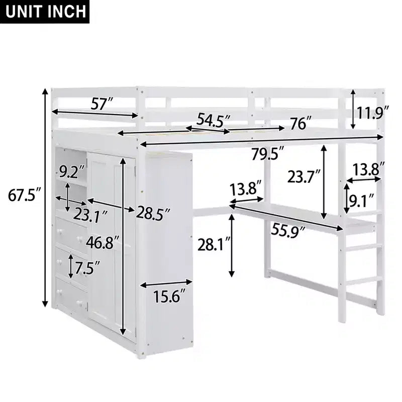 Lit mezzanine pleine grandeur avec armoire et bureau, cadre de lit mezzanine en bois avec étagères de rangement et tiroirs pour enfants, adolescents et adultes