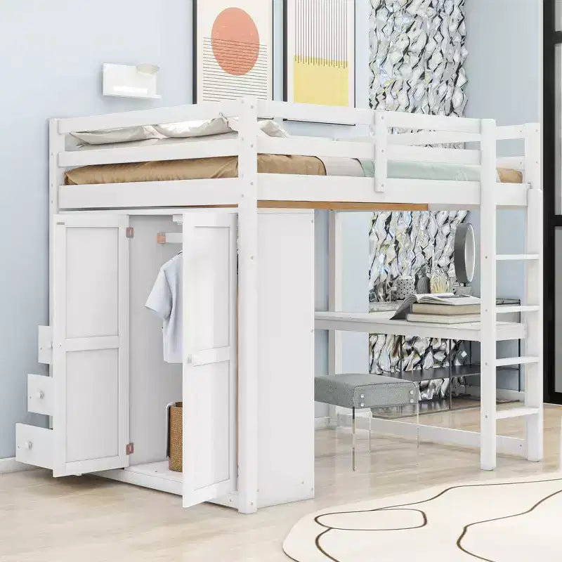 Lit mezzanine pleine grandeur avec armoire et bureau, cadre de lit mezzanine en bois avec étagères de rangement et tiroirs pour enfants, adolescents et adultes