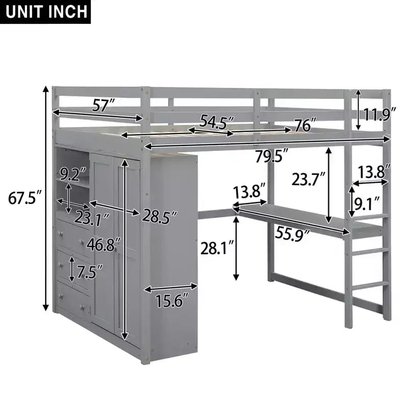 Lit mezzanine pleine grandeur avec armoire et bureau, cadre de lit mezzanine en bois avec étagères de rangement et tiroirs pour enfants, adolescents et adultes