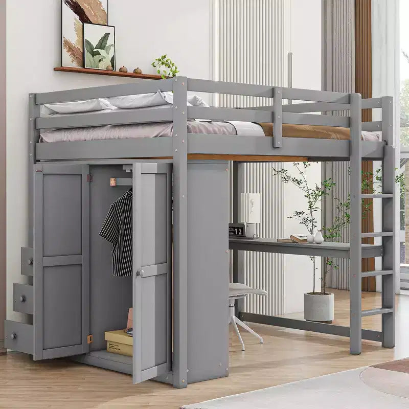 Lit mezzanine pleine grandeur avec armoire et bureau, cadre de lit mezzanine en bois avec étagères de rangement et tiroirs pour enfants, adolescents et adultes