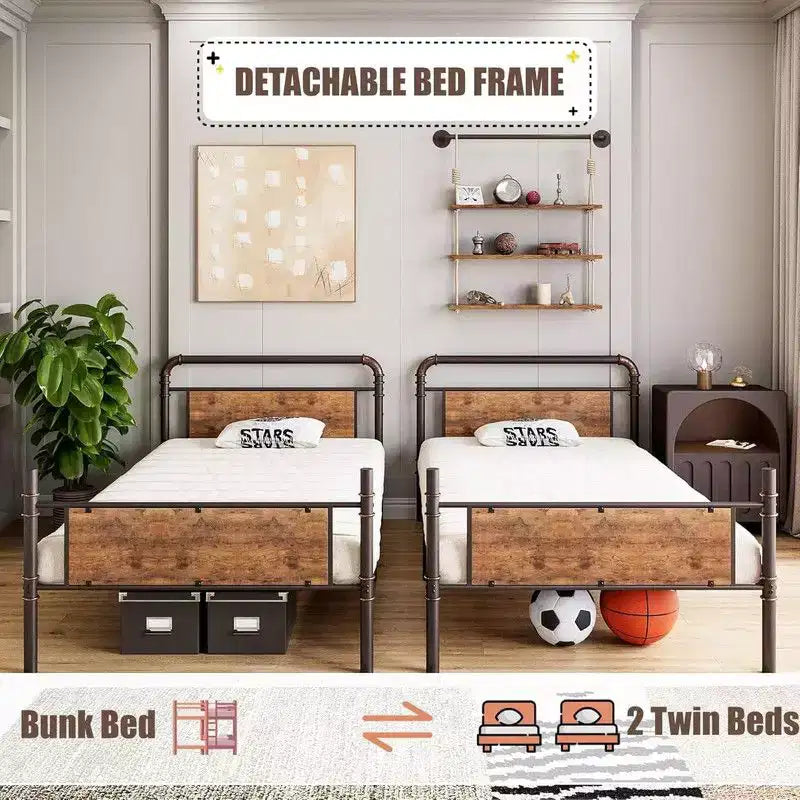 Coolmee Lit superposé jumeau sur jumeau, Lits superposés en métal avec barrières de sécurité et échelle intégrée, Convertible en 2 cadres de lit pour enfants et adolescents