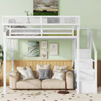 White Metal Full Size Loft Bed with Stairs Storage Shelves and High Loft Bed with Wardrobe for Kids Teens