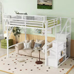 Lit mezzanine pleine grandeur en métal blanc avec escalier, étagères de rangement et lit mezzanine haut avec armoire pour enfants et adolescents