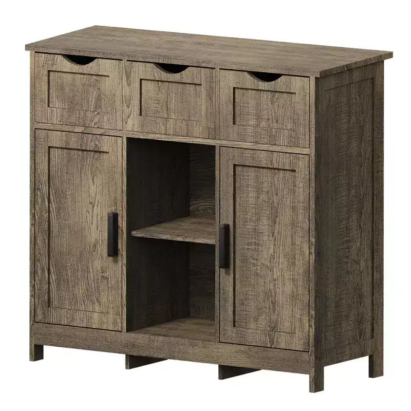 Okak Armoire de rangement polyvalente pour salle de bain, chambre et salon, meuble de rangement au sol avec 3 tiroirs, 2 compartiments et 3 portes, meuble d'appoint