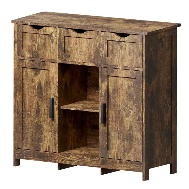Okak Armoire de rangement polyvalente pour salle de bain, chambre et salon, meuble de rangement au sol avec 3 tiroirs, 2 compartiments et 3 portes, meuble d'appoint