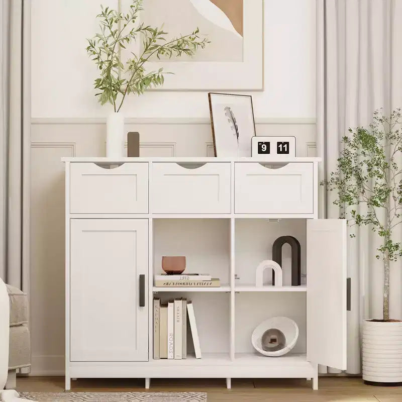 Okak Armoire de rangement polyvalente pour salle de bain, chambre et salon, meuble de rangement au sol avec 3 tiroirs, 2 compartiments et 3 portes, meuble d'appoint