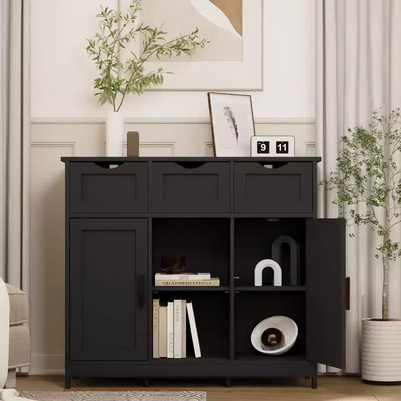 Okak Armoire de rangement polyvalente pour salle de bain, chambre et salon, meuble de rangement au sol avec 3 tiroirs, 2 compartiments et 3 portes, meuble d'appoint