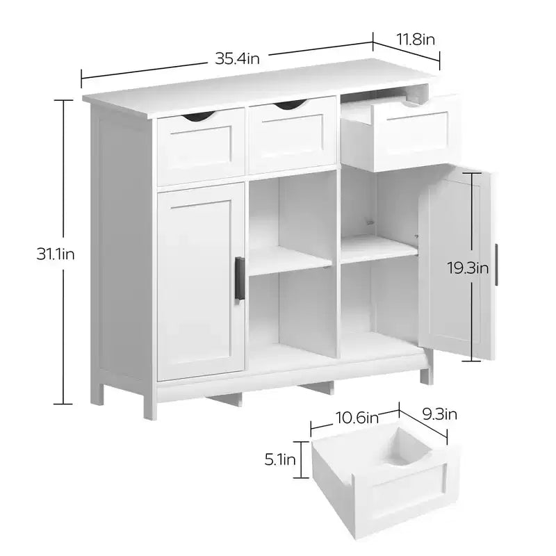 Okak Armoire de rangement polyvalente pour salle de bain, chambre et salon, meuble de rangement au sol avec 3 tiroirs, 2 compartiments et 3 portes, meuble d'appoint